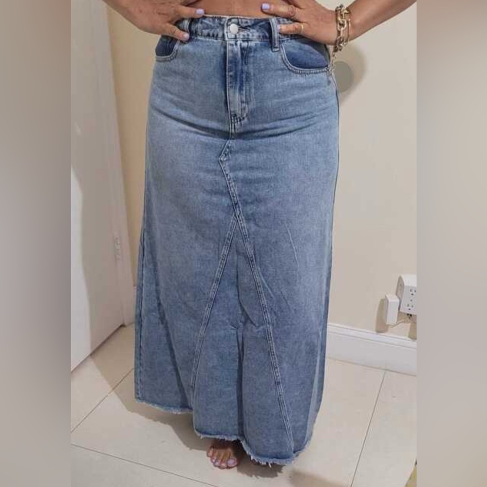 Boho Light Blue Raw hem Jean Denim Pockets Maxi Skirt - Picture 8 of 11